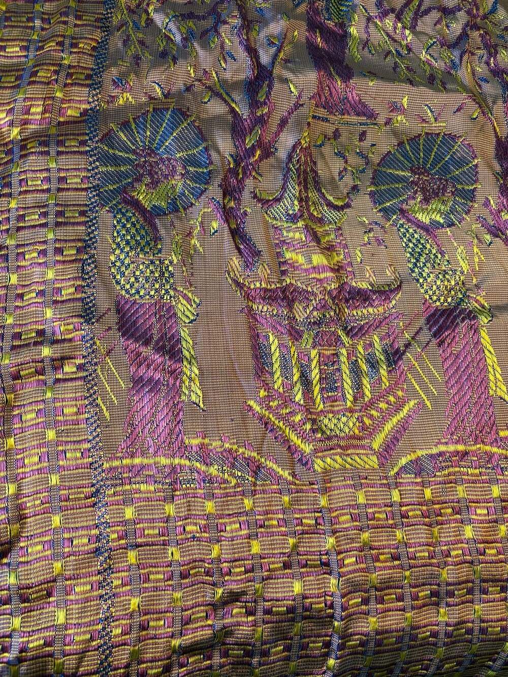 Vintage Brocade Tapestry Shawl Fringe Metallic Gold Pagoda Scene